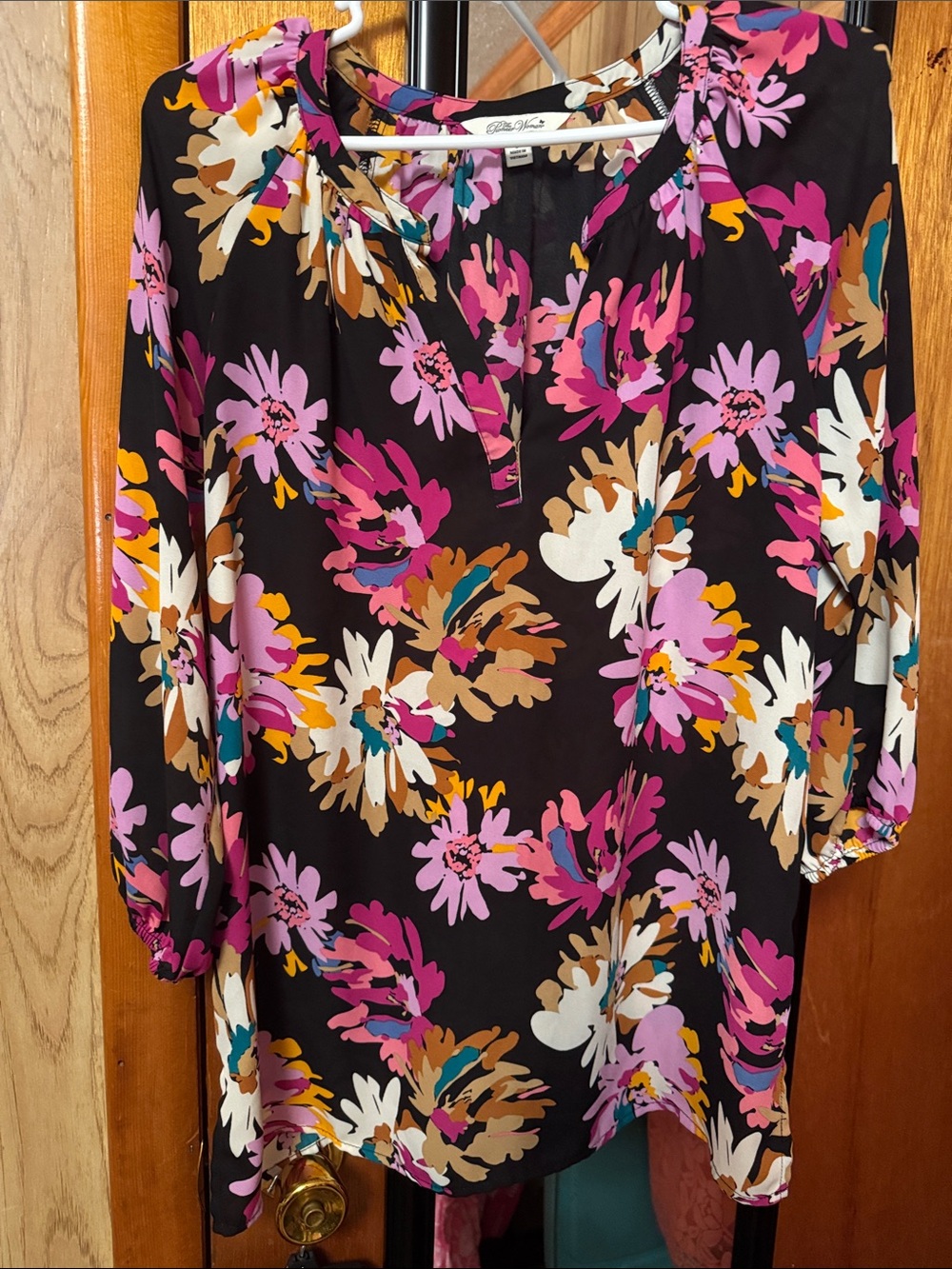 Women’s Black Floral V-Neck Blouse with Pink & White Blooms